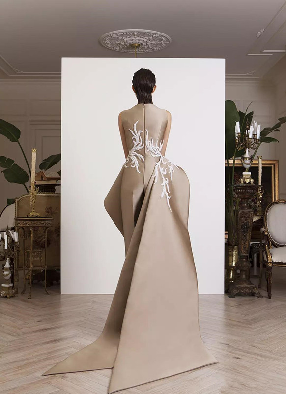 Krikor Jabotian Tan Prom Jumpsuit With Train 2019 Jewel Neck Ruffles Peplum Lace Stain Arabic Occasion Evening Jumpsuit Dresses Gown