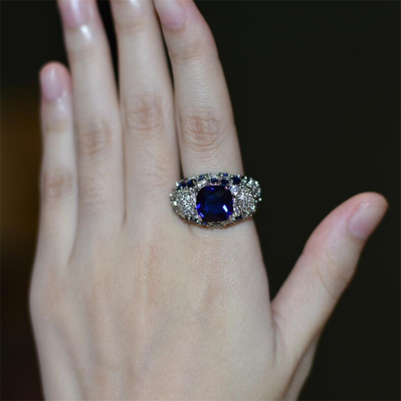 Sterg Sier Cushion Shape Blue Sapphire CZ Dia Gemstones Women's Wedding Band Ring