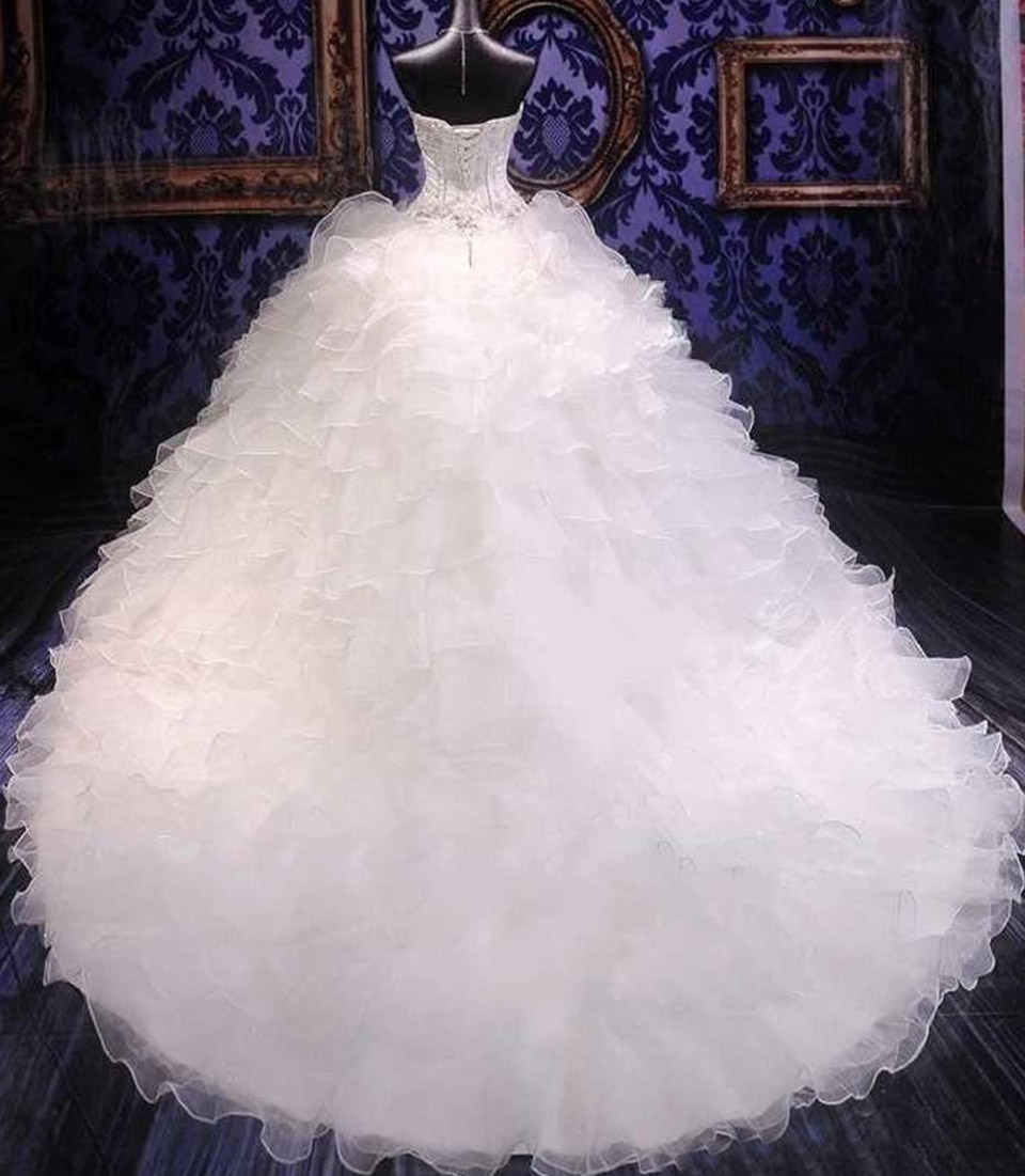 Free Shipping Any Size Princess Gown Corset Sweetheart Organza Ruffles Cathedral Train Bridal Gowns Luxury Beaded Ball Gown Wedding Dresses