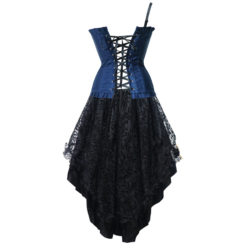 Women Dancing Outfit One Shoulder Rose Flowers Satin Overbust Corset and Black Flocked Hi-lo Skirt S-6XL Plus Size