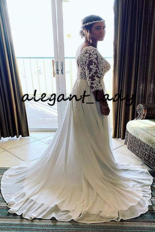Lace Chiffon Beach Greek Goddess Wedding Dresses with Half Sleeve 2020 Modern Backless Jewel Neck Bohemian Bride Wedding Gown