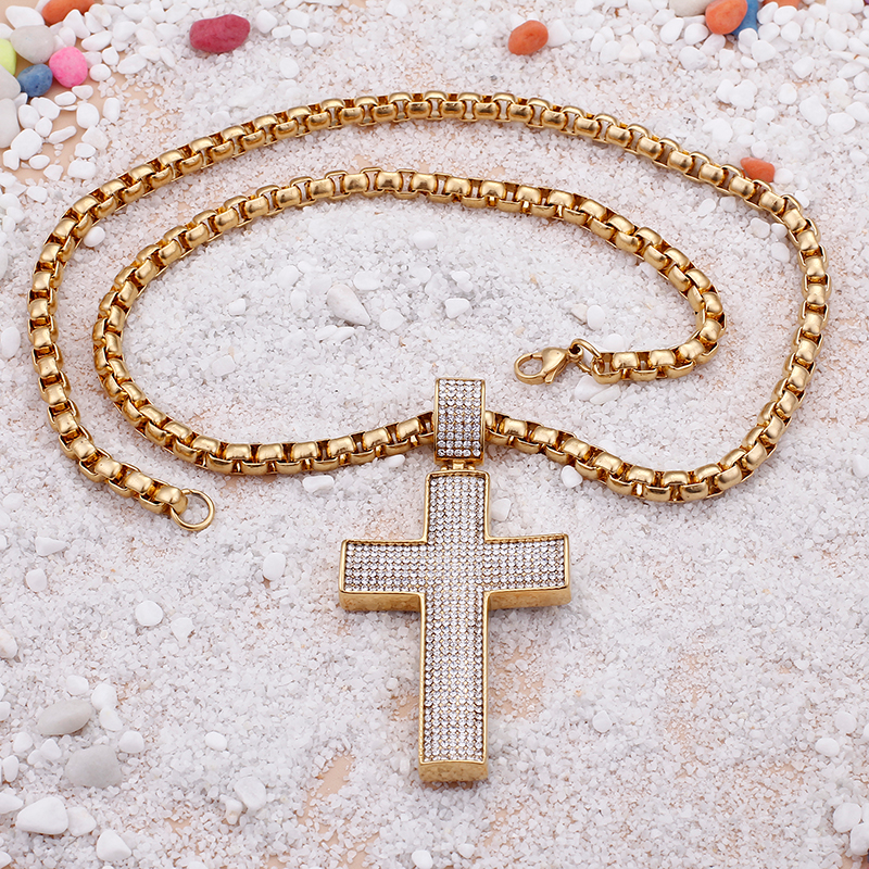 Cross Pendants Necklace Men Hip Hop Zircon 316L Stainless Steel Full Cubic Zirconia Setting 18K Gold Plated Jewelry