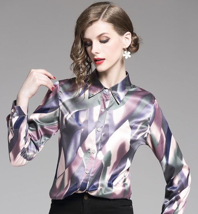 Silk wave pattern printed long sleeve purple blouse with single breasted summer shirts lapel neck fashion ladies shirts, Multi
Silk wave pattern printed long sleeve purple blouse with single breasted summer shirts lapel neck fashion ladies shirts, Multi
