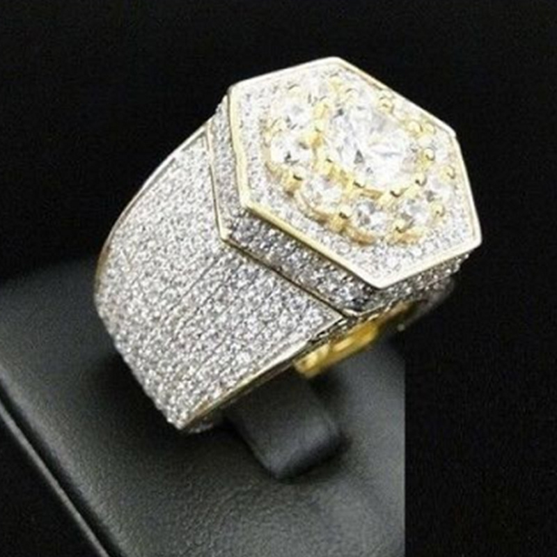 Whole Men039s Iced Out Cubic Zircon Bling Ring Gold Color Hexagon Full CZ Jewelry Micro Paved Iced Out Cubic Zircon Rings