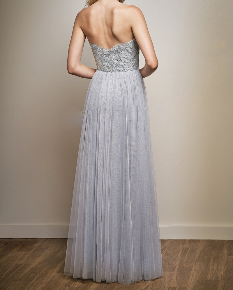 Light Gray Bridesmaid Dresses Lace Fancy Long Sweetheart Sleeveless Lace top Tulle bottom Long Bridesmaid Dress