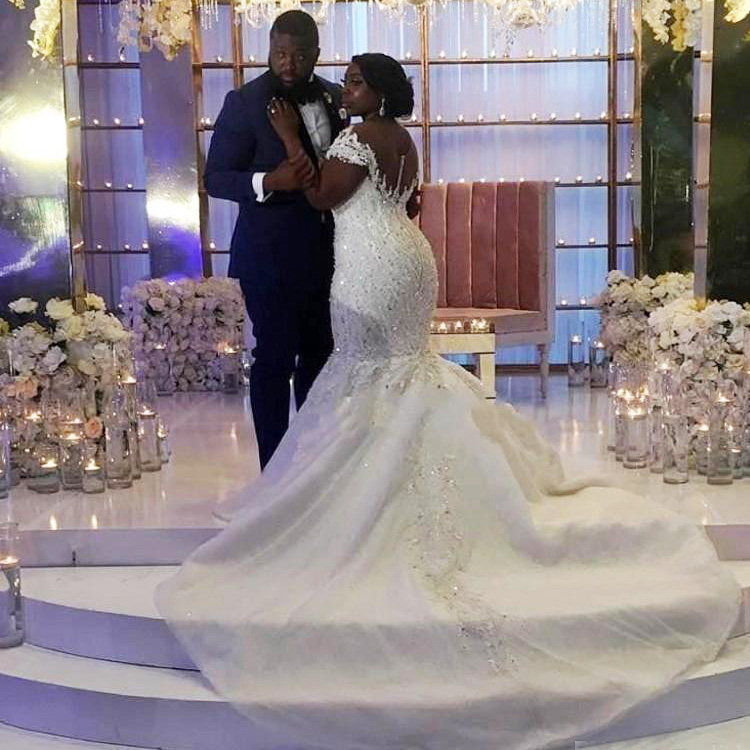 african mermaid wedding dresses plus size sheer v neck appliques beads sequins bridal gowns short sleeve sweep train vestidos de novi