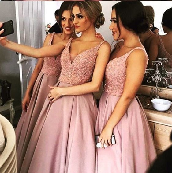 2020 Modern Pearls Beaded A-line Bridesmaid Dresses Pink Satin Long V-neck Open Back Draped Maid Of Honor Dress Bridal Wedding Party Gowns
2020 Modern Pearls Beaded A-line Bridesmaid Dresses Pink Satin Long V-neck Open Back Draped Maid Of Honor Dress Bridal Wedding Party Gowns