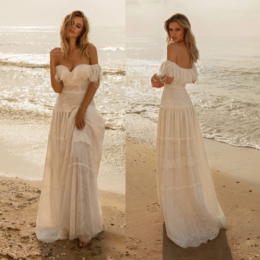 Lace Stylish Beach Wedding Dresses Off The Shoulder Neck Bohemian Bridal Gowns Tassel Floor Length A Line Robe De Marie
