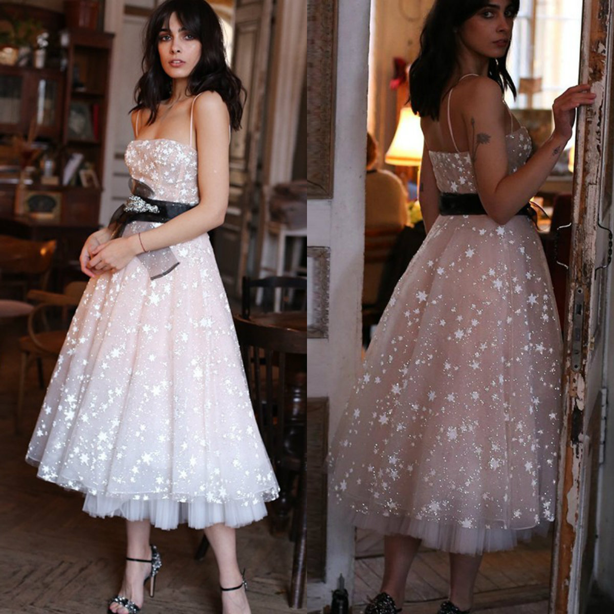 2020 Bling Star Homecoming Dresses With Belt Spaghetti Tea Length A Line Cocktail Party Dress Custom Made Prom Gowns