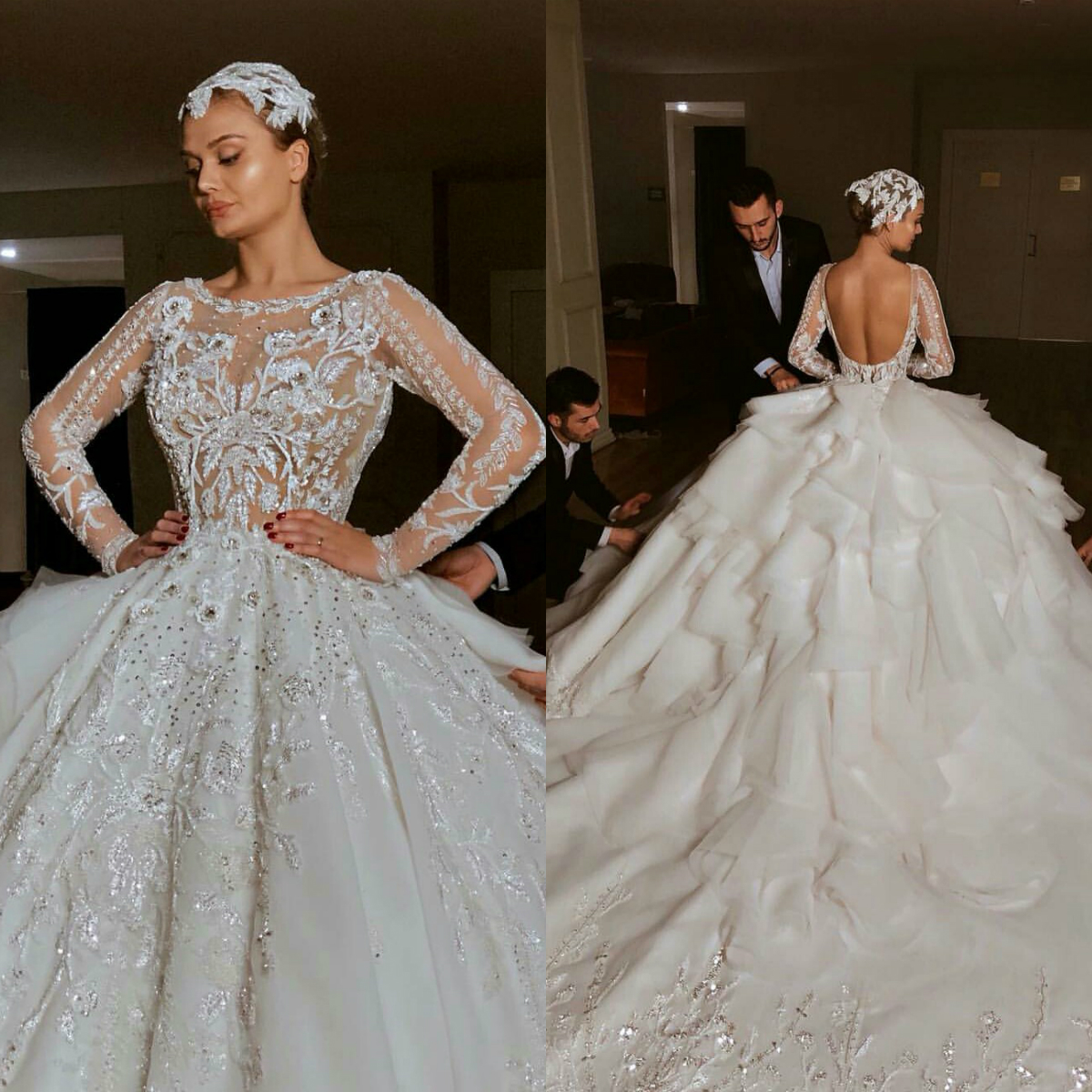 Luxury Long Sleeve Wedding Dress Backless Lace Applique Ball Gown Bridal Dresses Jewel Neck Ruffles Plus Size Gowns