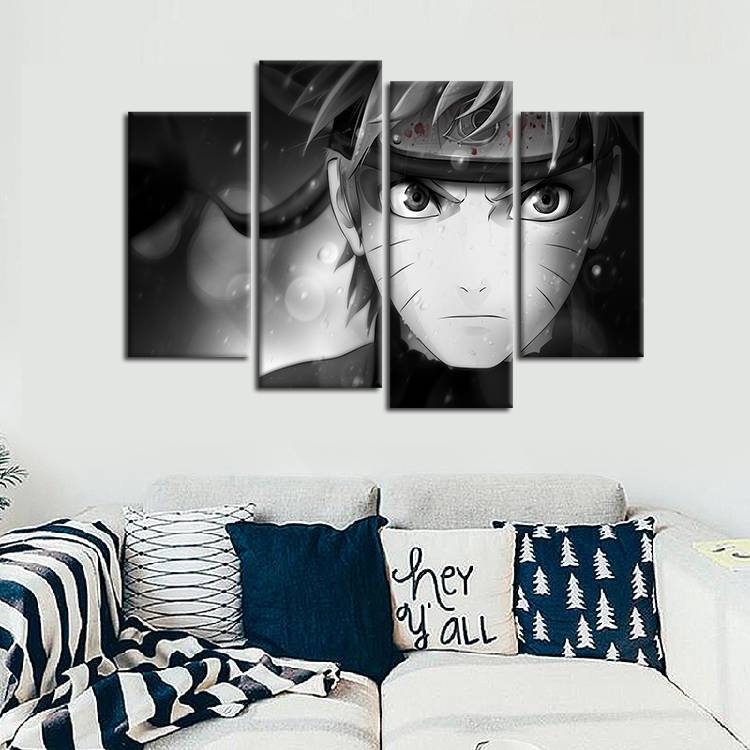 4 Panel Unframed Naruto Close-up Rain and Blood Anime Poster Print On Canvas Wall Art Picture For Home and Living Room Decor