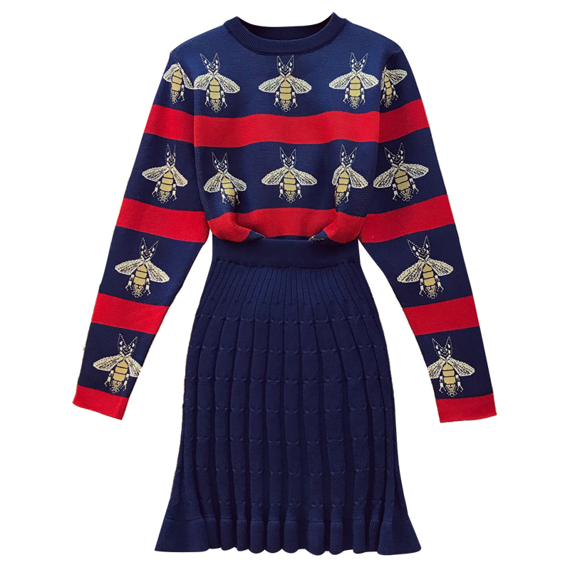 ALPHALMODA 2018 Bees Hit Striped Colored Women Knitted Sweater Skirt Suits OL Autumn Winter Vintage Fashion Clothing Sets