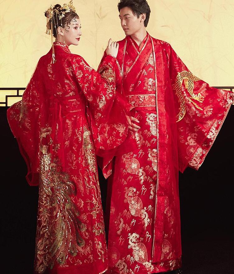 Standard Ancient China Tang Dynasty Chinese style Hanfu Wedding Gown Red Clothing Women Bride Phoenix Dress Men Groom Dragon Robe