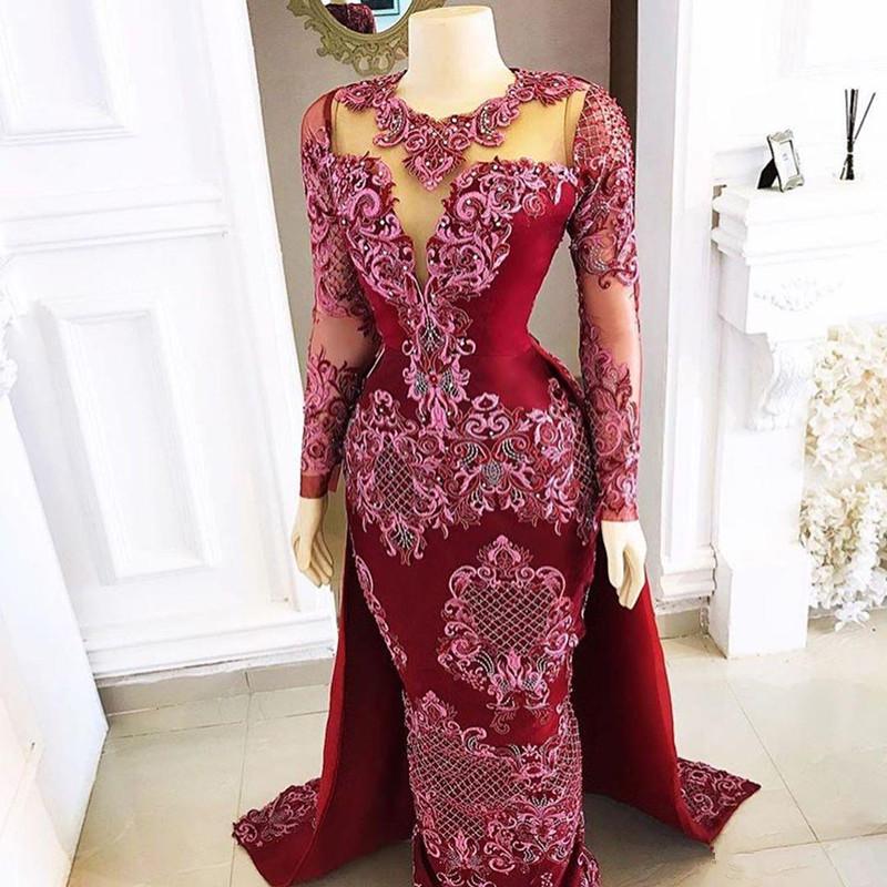 Dark Red Mermaid 2020 Prom Dresses With Detachable Train Long Sleeve Evening Dresses Lace Beads Saudi Arabic Formal Dress