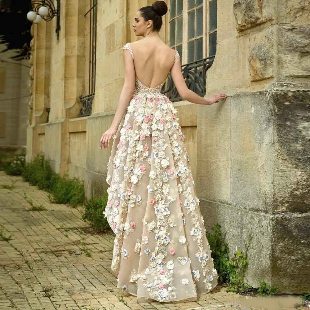 Gorgeous High Low Sheer Back Prom Dresses 3D Flower with Crystal Beads Evening Party Gown Illusion Organza Women's Special Occasion Dress