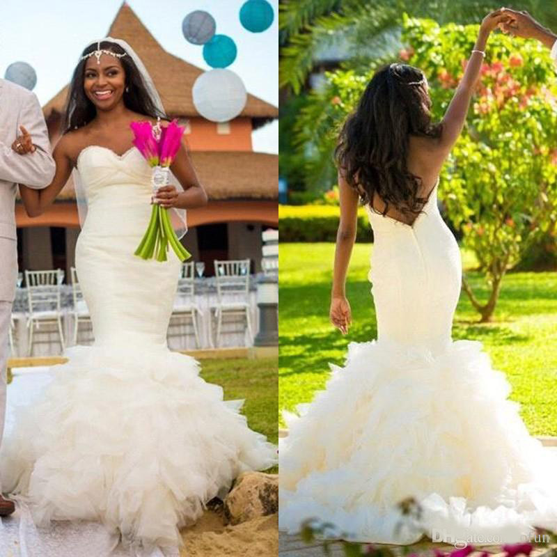 African Plus Size Stunning Sweetheart Wedding Dress Backless Tiered Tulle Beach Long Robe De Mariée Custom Made Summer Bridal Gown