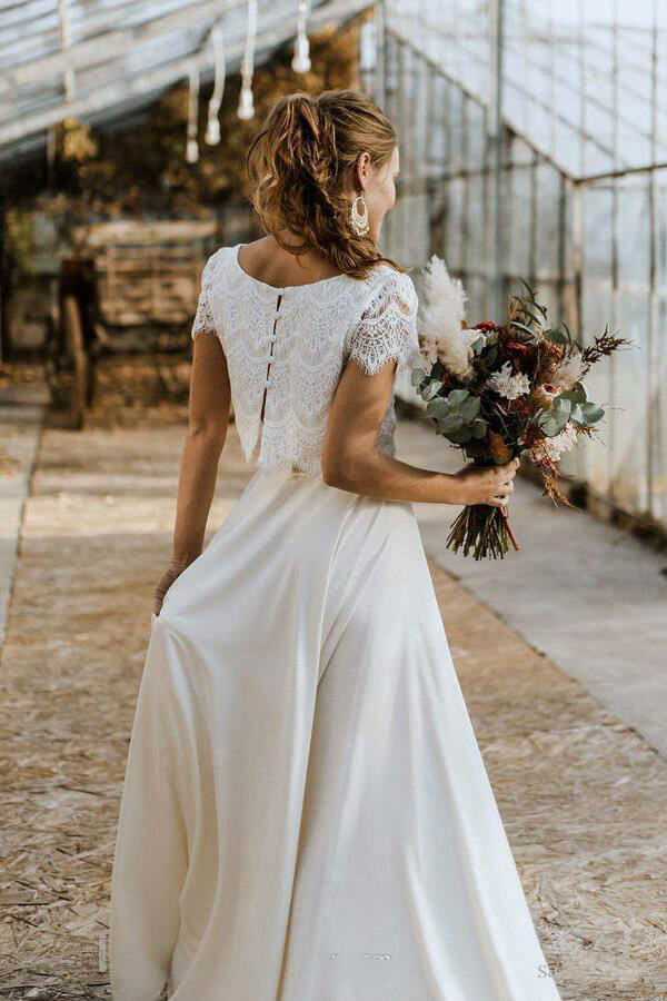 2020 Beach Wedding Dresses Jewel Neck High Low Short Sleeve A Line Bohemian Wedding Gowns Two Pieces Sweep Train Vestidos De Novia