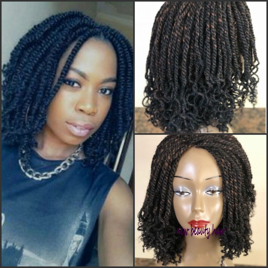 High quality black/brown synthetic short hair kinky twist wig 180density braided curly lace front wigs for black women with baby hair