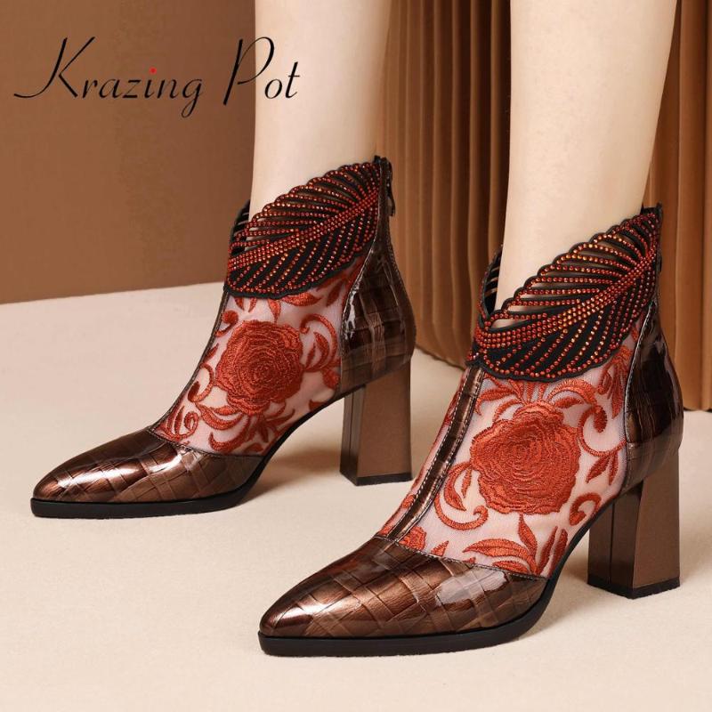 krazing pot Chinese red printing cow leather embroidery air mesh high heels pointed toe rhinstone decoration zip ankle boots L31, Black
krazing pot Chinese red printing cow leather embroidery air mesh high heels pointed toe rhinstone decoration zip ankle boots L31, Black