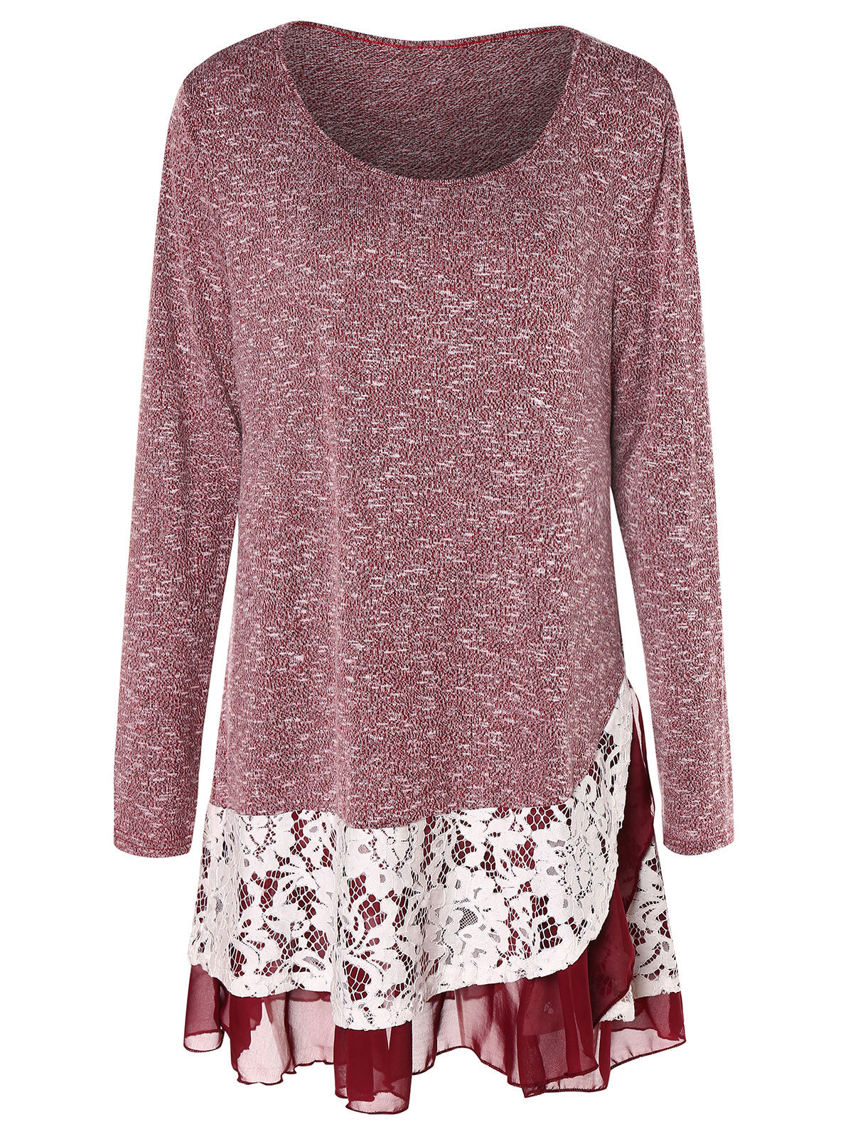 Retro Lace Trim Layered Tunic Knitwear Women Pullover Long Sleeve O-Neck Marled Casual Loose Jumper Autumn Knitted Sweater Tops T200101