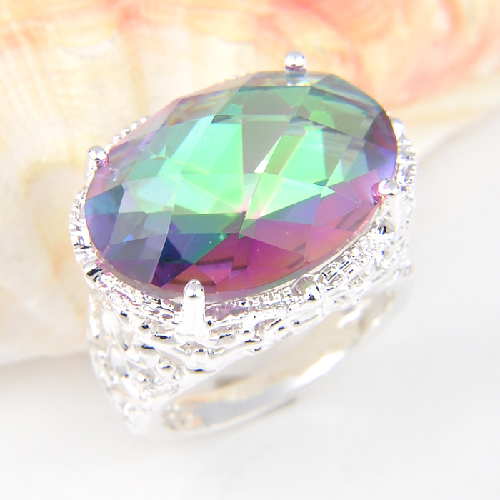 LuckyShine Weddings Jewelry Shiny Rainbow Oval Fire Mystic Topaz Gemstone Silver Unisex Lovers Ring Jewelry US Size 7-9