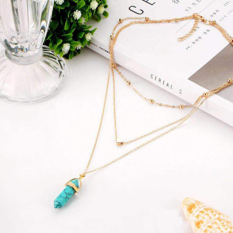 Fashion Multi-layer Chain Mens Womens Created Gemstone Natural Stone Hexagonal Prism Pile Pendant Necklace