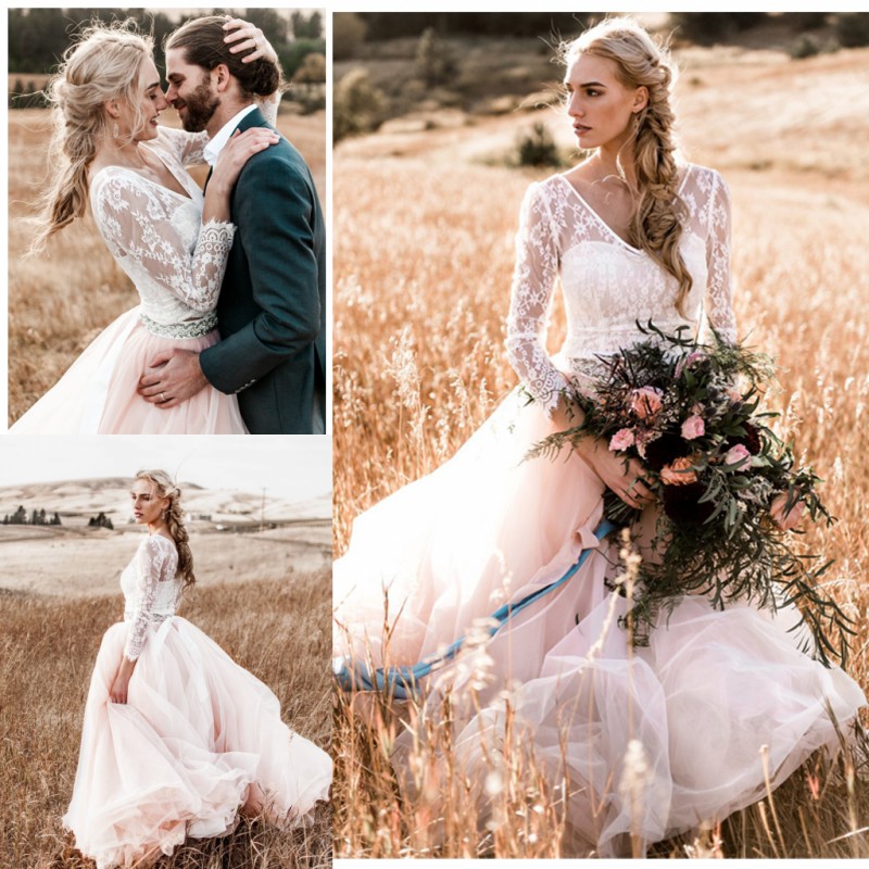 Modest Lace Boho Wedding Dresses A Line Long Sleeves Beach Bridal Gowns V Neck Tulle Sweep Train Bohemian Vestido De Novia 407