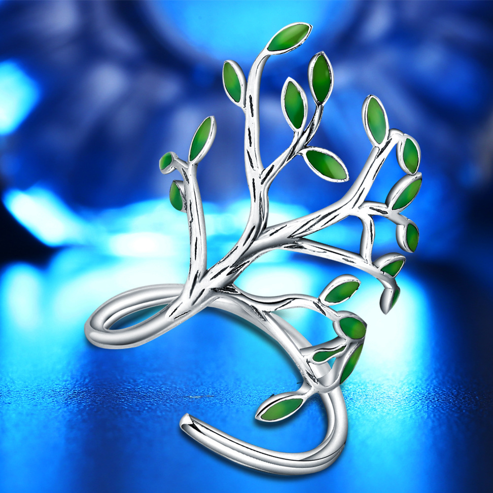 Wholesale-Silver Drop Glaze Leaves Open Rings For Women Original Handmade Lady Prevent Allergy Sterling-silver-jewelry