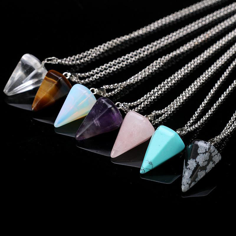 Natural Gemstone Pendant Necklace Crystal Healing Chakra Reiki Silver Stone Hexagonal Prisme Cone Pendulum Charm Necklaces