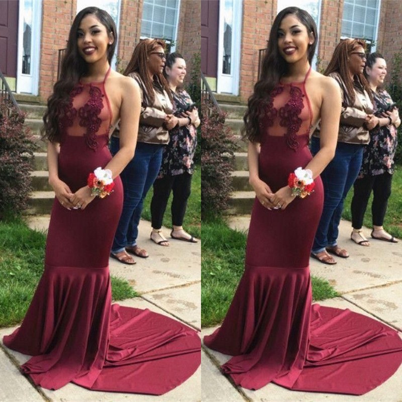 Sexy Black Girls Prom Party Gowns Halter Neck Illusion Burgundy Evening Gowns Elastin Satin Special Occasion Dresses With Applique Lace, Orange
Sexy Black Girls Prom Party Gowns Halter Neck Illusion Burgundy Evening Gowns Elastin Satin Special Occasion Dresses With Applique Lace, Orange
