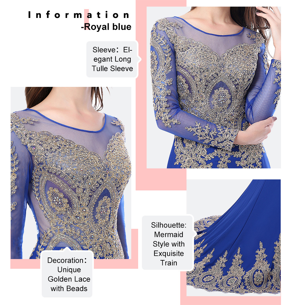 Babyonlinedress Luxury Beads Gold Lace Mermaid Evening Dresses Long Sexy Illusion Back Long Sleeve Prom Party Gowns Charming Evening Gowns