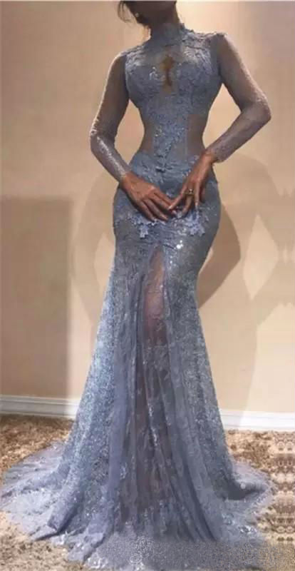 Zuhair Murad Mermaid Prom Dresses High Neck Illusion Long Sleeve Sexy Cutaway Sides Evening Dress robes de soirée Front Split Party Gowns