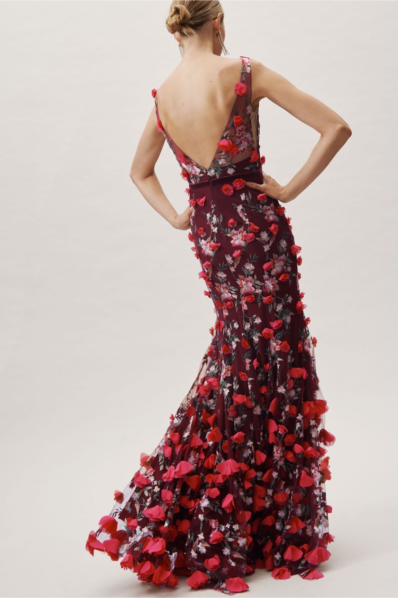 Burgundy Embroidery Mermaid Prom Dresses Sheer Deep V Neck 3D Appliqued Split Side Evening Gowns Backless Floor Length Formal Dress