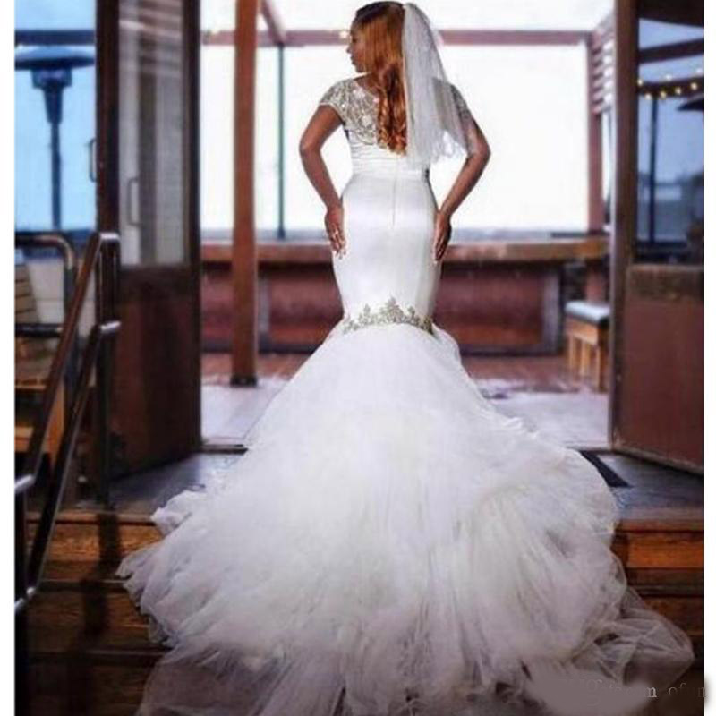 Chic Lace Long Train Mermaid Beach Wedding Dresses Custom Made V Neck Full Length Fishtail Bridal Wedding Gown