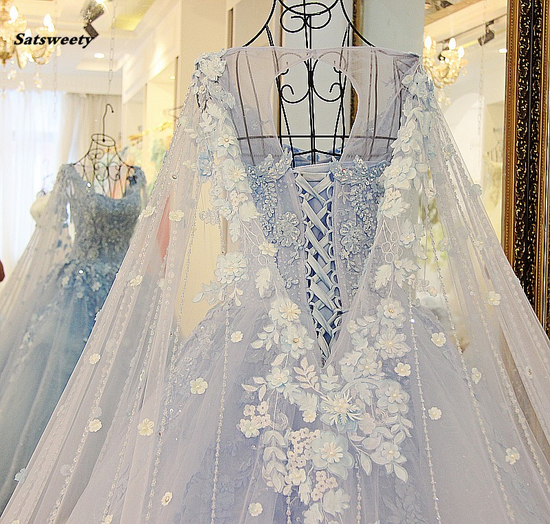 Dubai Sky Blue Wedding Dresses With Long Cloak Crystal Pearls Puffy Bridal Ball Gowns Robe De Mariee Appliques Casamento