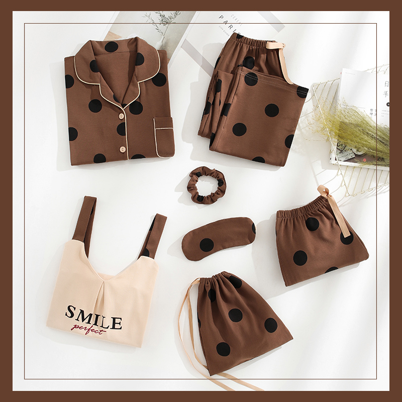 7pcs set Pyjamas Set Ladies Cotton Sweet Home Outerwear Women Sleepwear Wear Clothing Dot Print Pajama sets T200110