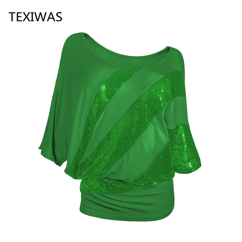 Texiwas Women Plus Size Glitter Blouse Off Shoulder Batwing Shirts Sequined Tops Female Tunic Shirt Loose Streetwear Y19050501