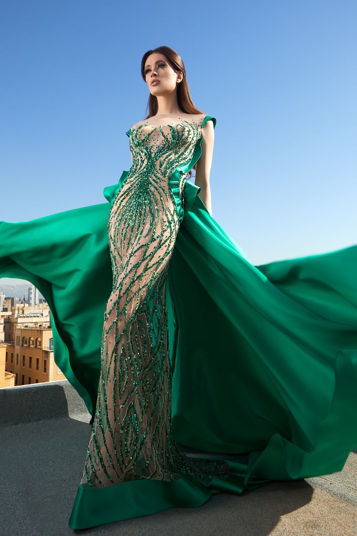 2019 Tony Chaaya Evening Dresses Hunter Detachable Train Jewel Neck Lace Beads Sequins Mermaid Prom Dress Illusion Satin Gorgeous Party