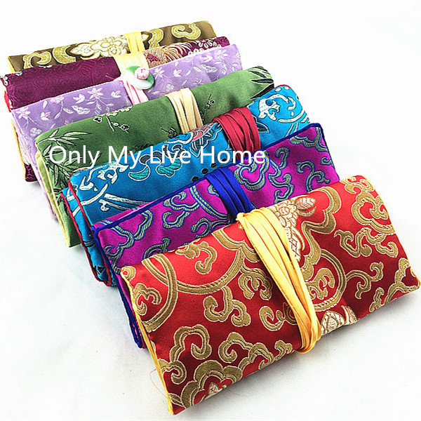 Custom Jade Foldable Silk Brocade Jewelry Chain Roll Travel Case Bag Cosmetic 3 Zipper Pouch Bag Drawstring Ladies Makeup Packaging Bag 10pcs/lot