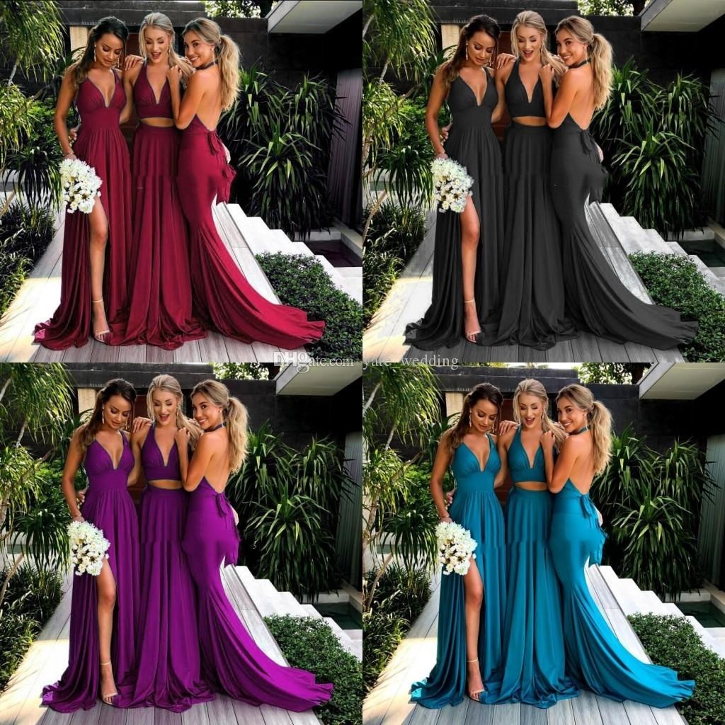 Sexy Gold Beach Bridesmaid Dresses V Neck Side Split Empire Evening Gowns or Length Wedding Guest Dress