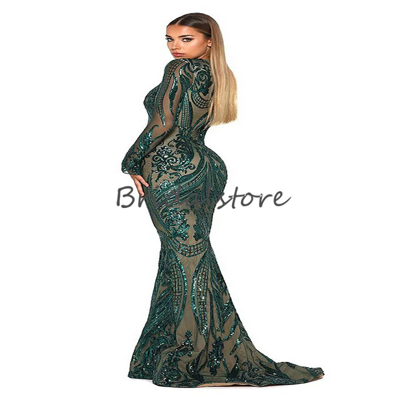 New Green Sequin Mermaid Prom Dresses With Detachable Train Long Sleeve African Formal Evening Party Gowns Elegant Robes De Soirée 2020