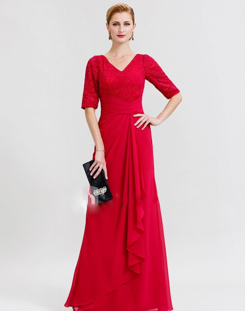 red mother of the bride dresses v neck half sleeve lace appliqued floor length chiffon mothers dresses plus size wedding guest dress