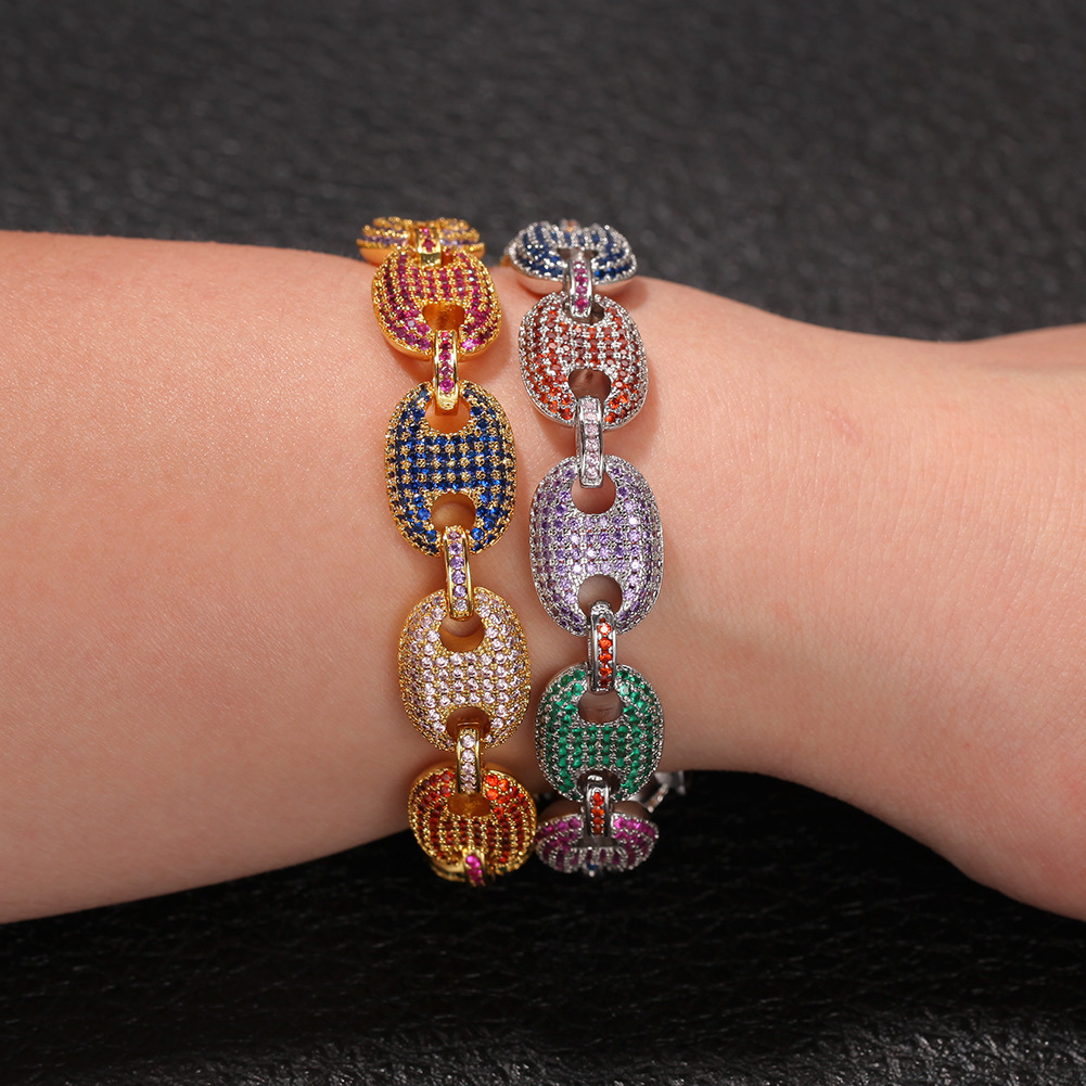 13mm Hip Hop Shining Colorful Zircon Tennis Bracelet 18k Gold Plated Men Women Bling Coffee Beans Chain Bangle