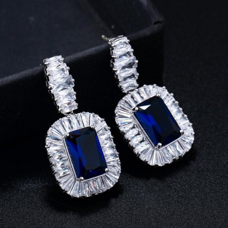 Sterg Sier Blue Sapphire CZ Dia Stud Earrings for Women Wedding Party Lover's Gift