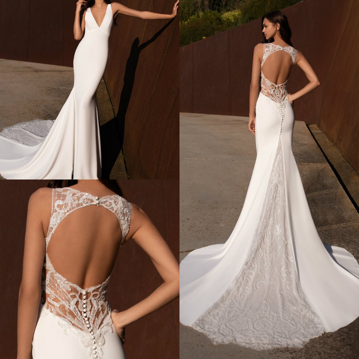plunging v neck mermaid dresses keyhole back lace sequined beach wedding gowns with illusion details sexy robes de marie
