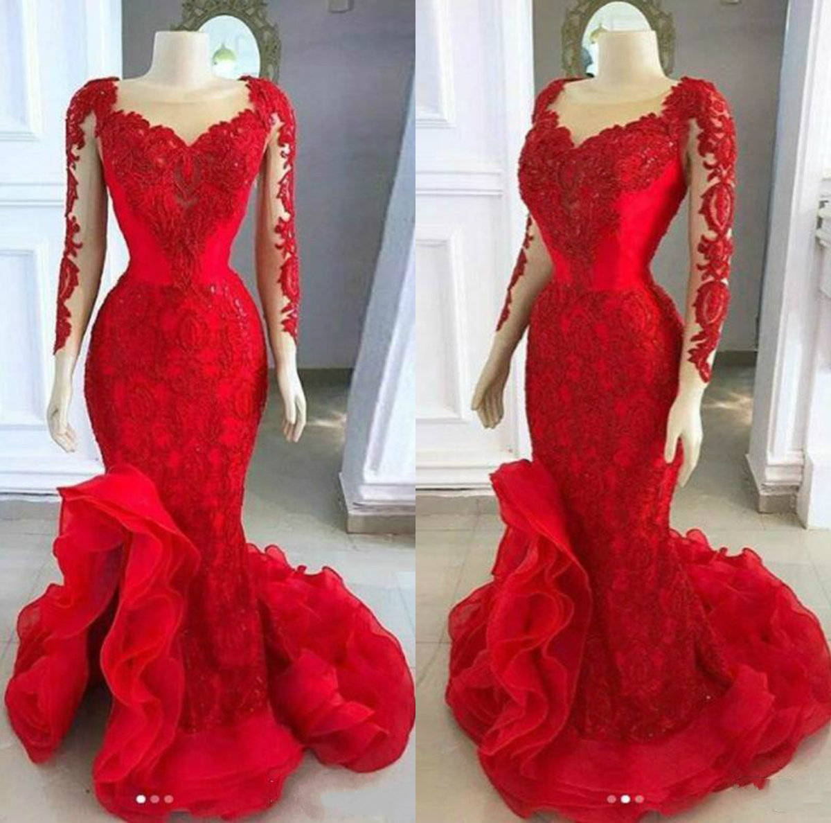 2020 Red Mermaid Prom Dresses Sheer Neck Lace Appliques Beaded Low Split Long Sleeves Ruffle Plus Size Custom Party Evening Gowns