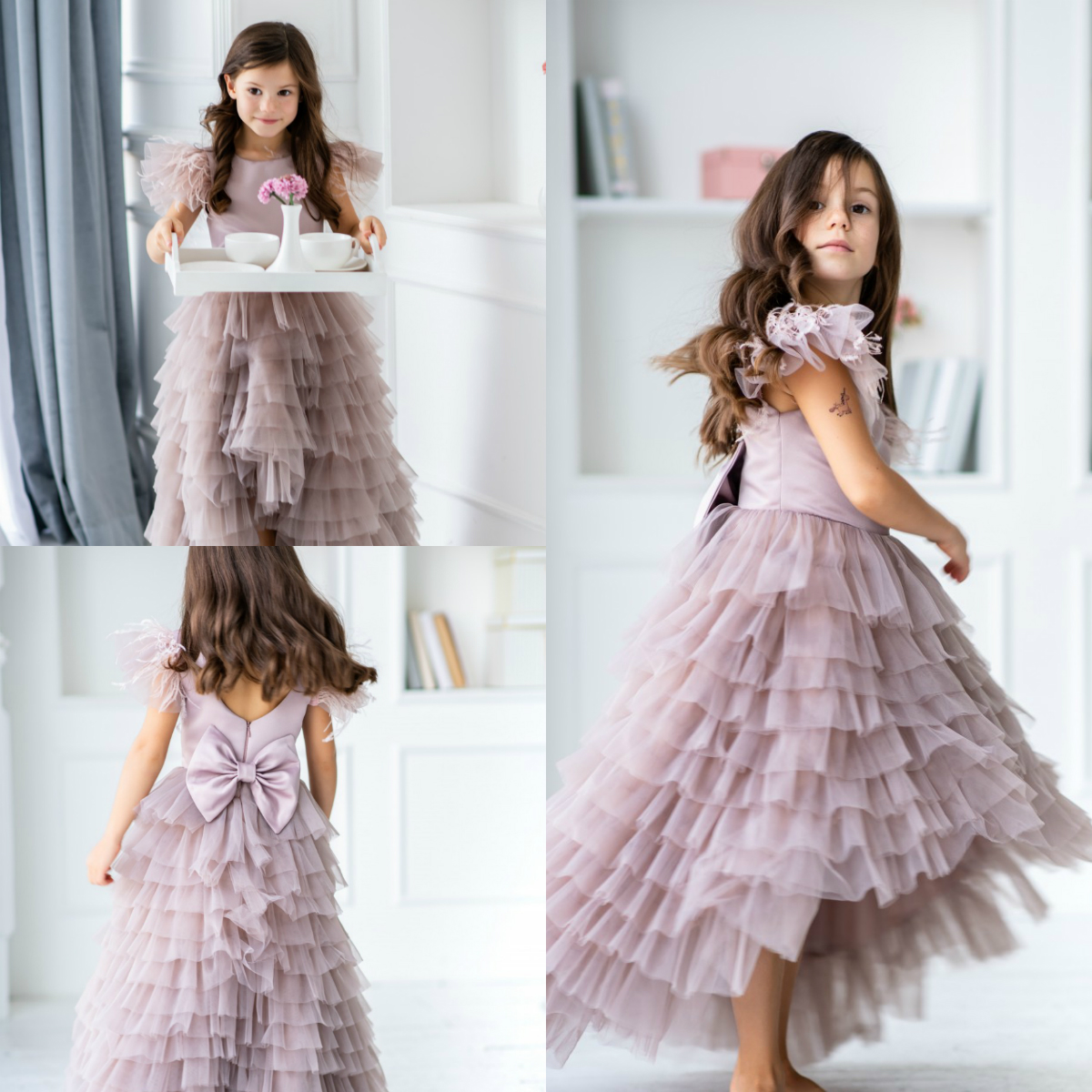 simple a line flower girl dresses high low bow feather sleeveless pageant gowns first communion gowns custom made