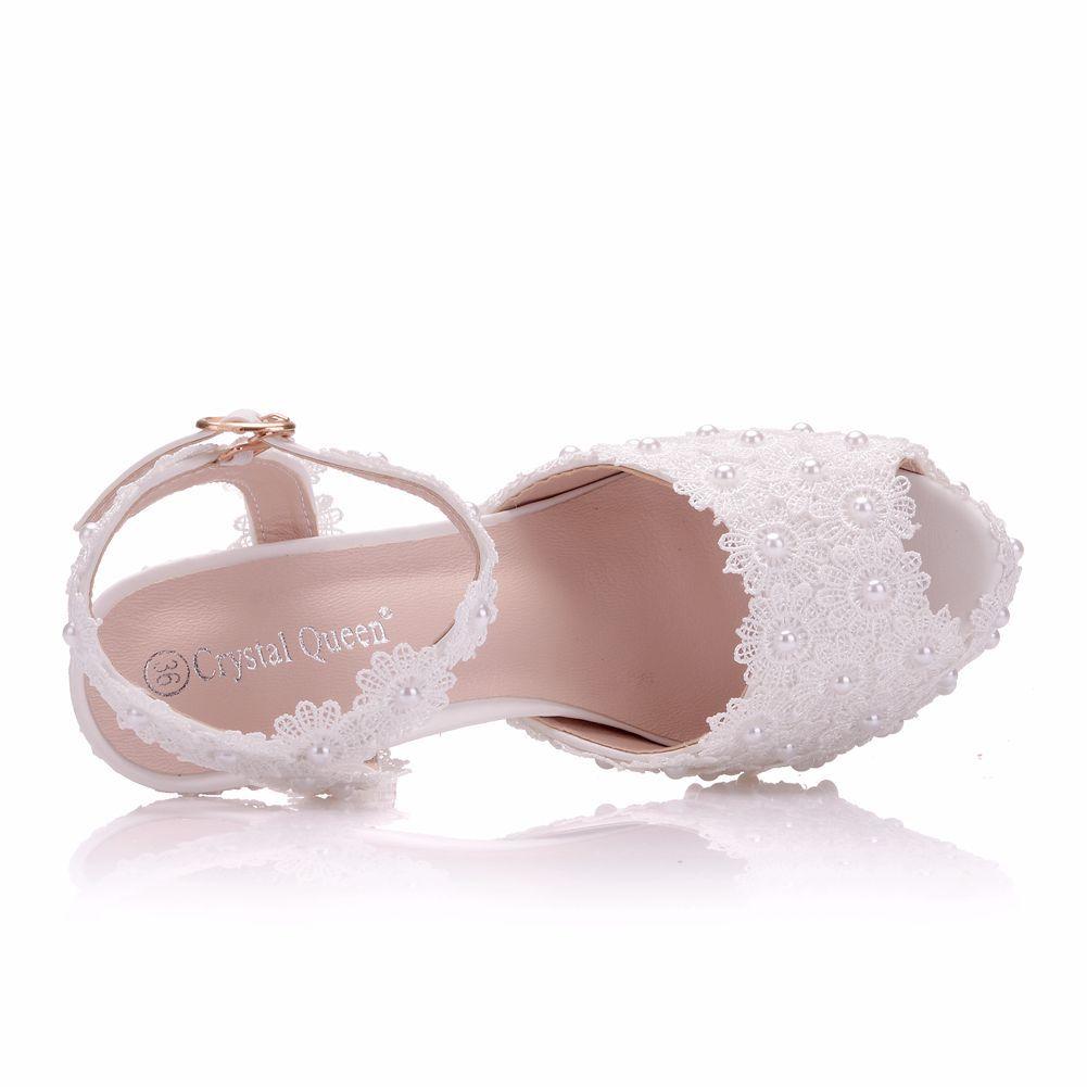 Hot Sale-white lace flowers elegant fashion stiletto heel wedding shoes Platform pearls Bridal sandals