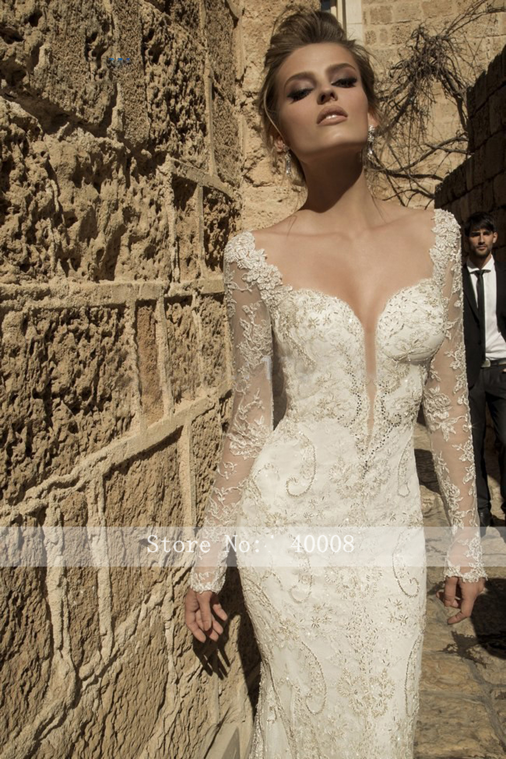 Sexy Backless Chapel Train V Neck Mermaid Wedding Dress Lace Pearl Beading Long Sleeve Vestige De Noiva Bride Dress