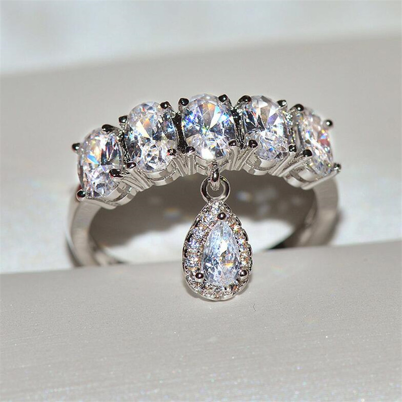 Classical Sweet Cute Lovely Jewelry 925 Sterling Silver Oval Cut White Topaz CZ Diamond Water Drop Party Engagement Wedding Band Ring Gift